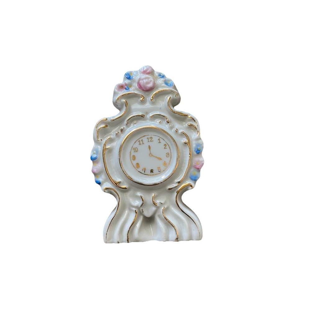 Mantel Clock Mini Ceramic Porcelain Figurine Occupied Japan 3" H Vintage H Cato